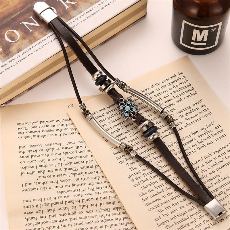 One Piece Vintage Flower Bracelet and Bangles Bohemian Style Multi-Layered Leather Bracelet Women Men Wrap Women Punk Jewelry Gift