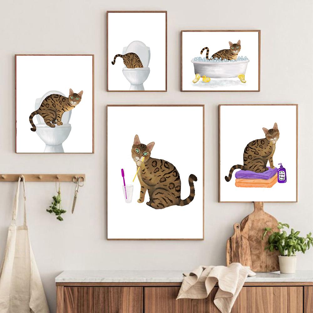 

Золотой бенгальский кот на стене в ванной комнате, картина маслом, скандинавский плакат и эстамп, настенная картина для детского сада, ванная комната, дом