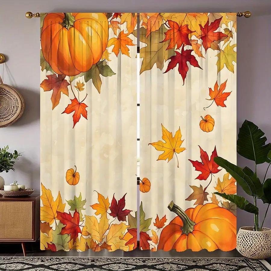 2pc Pumpkin and maple leaf print curtains   polyester fabric   machine washable   suitable for bedroom and living room decoration