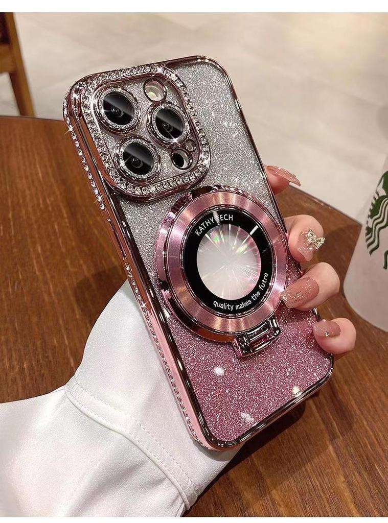 iPhone17 Luxury Electroplated Rhinestone Glitter for Apple 16Promax Mobile Phone Case Mirror Magnetic Suction Bracket 15