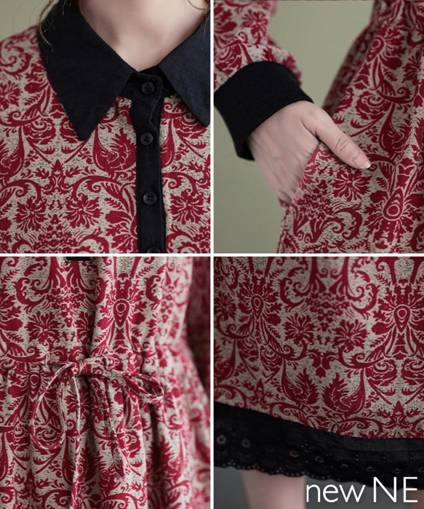 Floral Arabesque Print Retro Long Lace Long Plus Mori Girl Loose Floral Print [Newne] Dress, Style, Length, Hem, Waistband, Sleeves, Ruffles, Sizes,