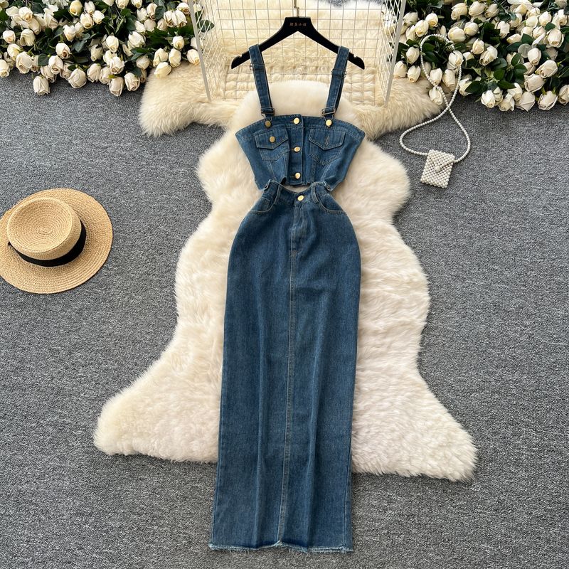 

Design Sense Niche Double Purpose Dress Women 2025 Summer Fashionable Metal Buckle Sling Denim Vest + Skirt Blue S