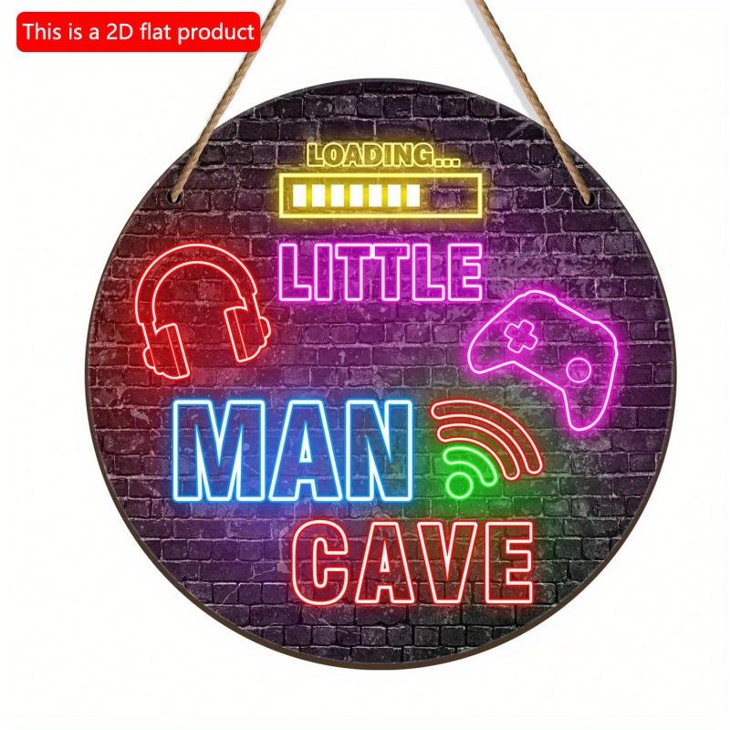2D Flat 20*20cm 1pc Loading Little Man Gave Imitation of Neon Headphones Game Console Pattern Round Wooden Decor, Technology-sense Design Style