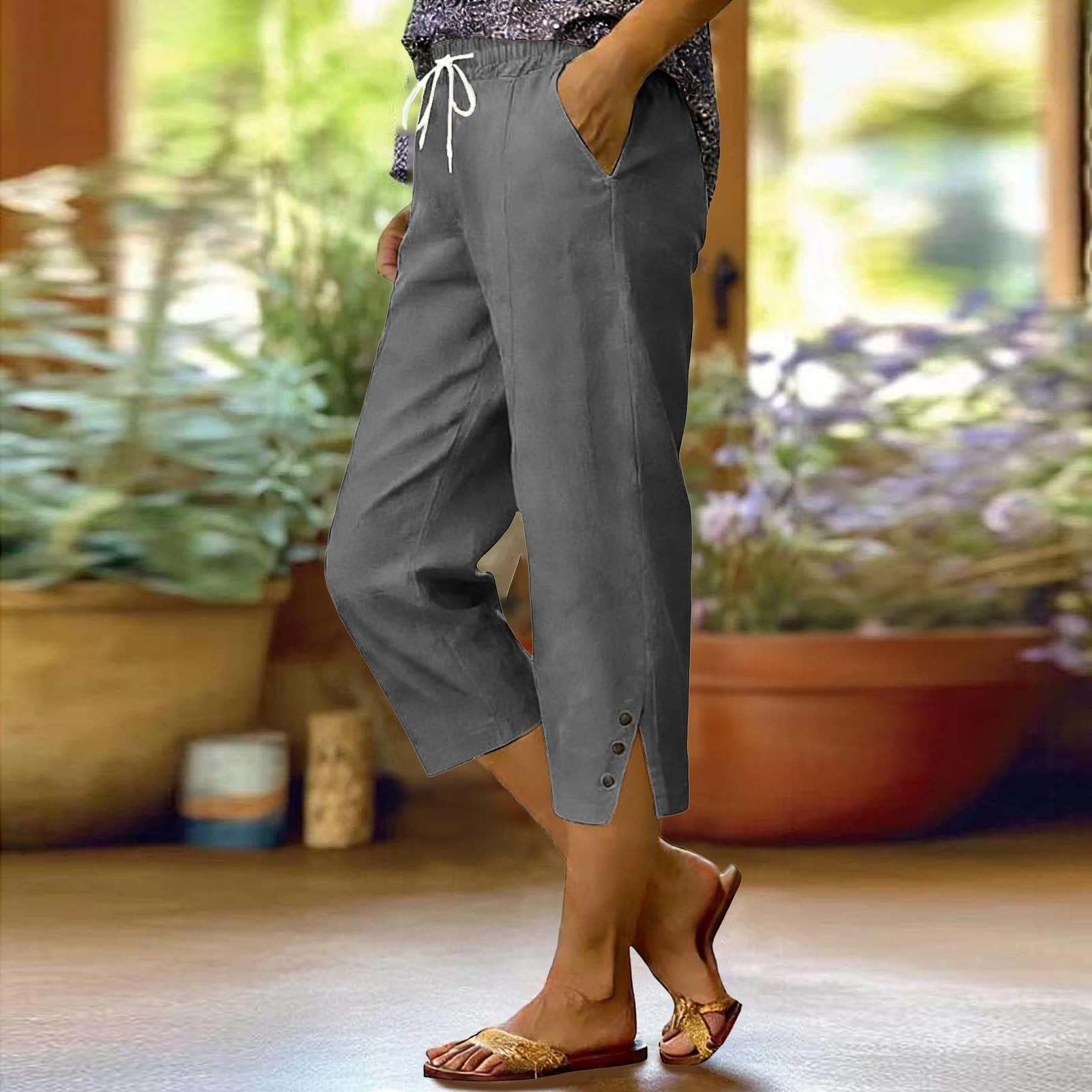 Women s Fashionable Relaxed-Fit Split-Hem Button-Decorated Casual Cotton-Linen Blend Cropped Pants XXL