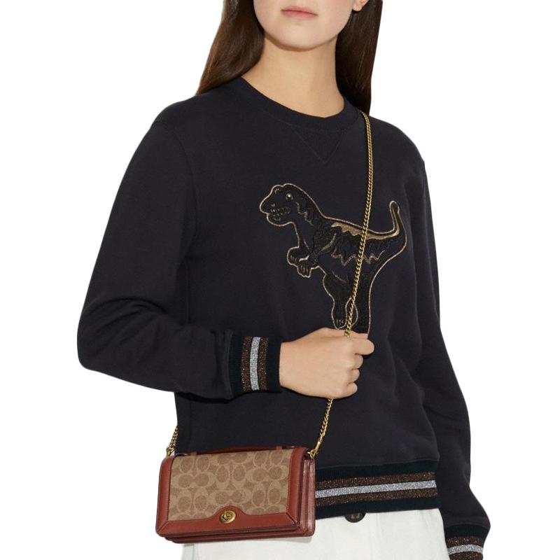 Coach Riley 20 Monogramm Kette Klappe Leder Mini Quadratische Tasche Damen Taschen Rot Braun Beige 68312-B4NQ4