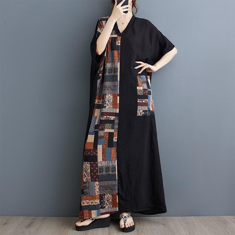 Krátký rukáv Extra velikost bavlna Saténový vintage patchwork novinka v šatech pro ženy ležérní volné Maxi dlouhé letní šaty
