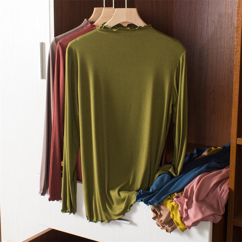 Women's Korean Style Modal Long Sleeve Base Layer T-shirt, Half-High Neck, Plus Size, Thin, Solid Color, Autumn Top