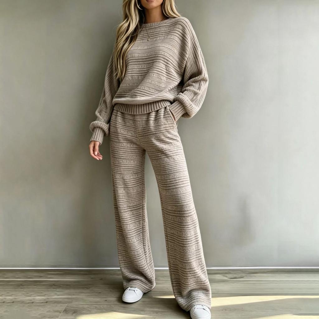 Women's Ribbed Knit Two-Piece Set Long Sleeve Top and Wide Leg Pants Casual Outfit