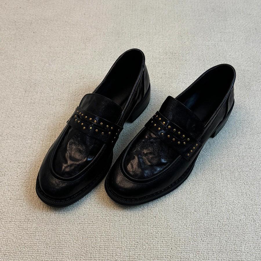 Cowhide Version~ Loafers Women's Genuine Leather Retro British Style Round Head Rivet Folds One Pedal Thick Heel Small Leather Shoes Women