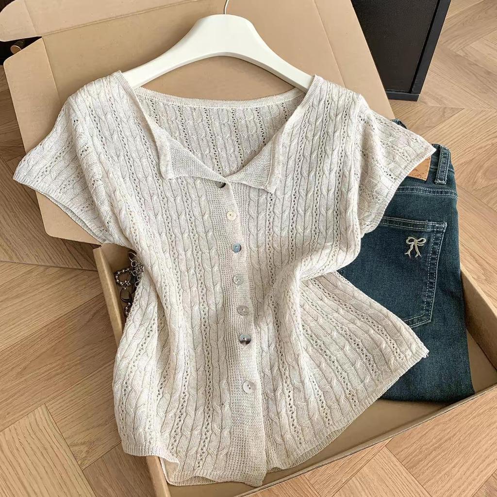 Women's Summer Knit Short Sleeve Hollow Button Top