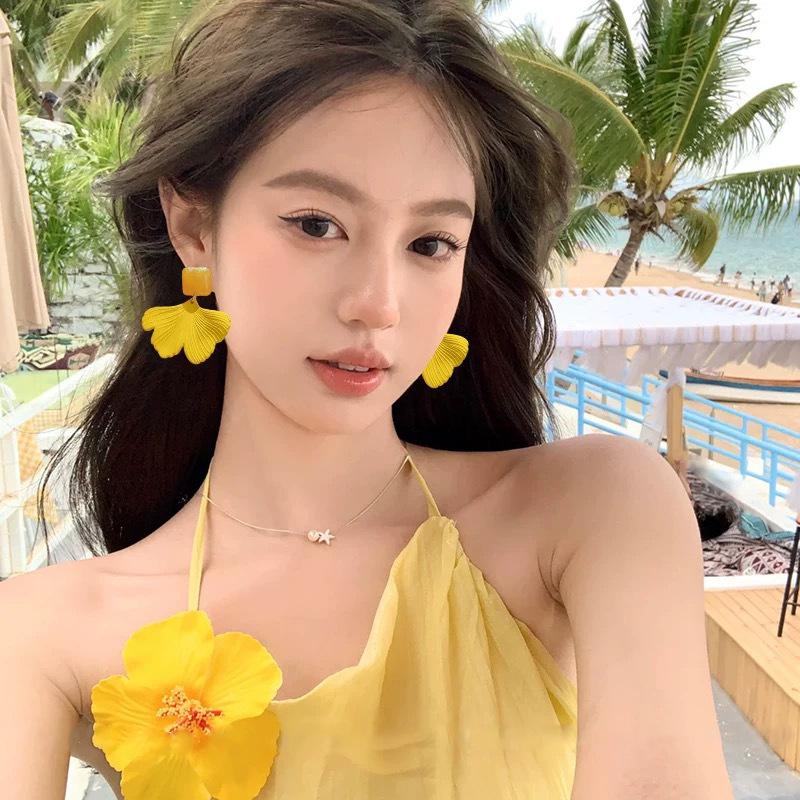 Super fairy yellow mesh earrings women's vacation style chiffon sweet stud earrings atmosphere seaside high-end color earrings