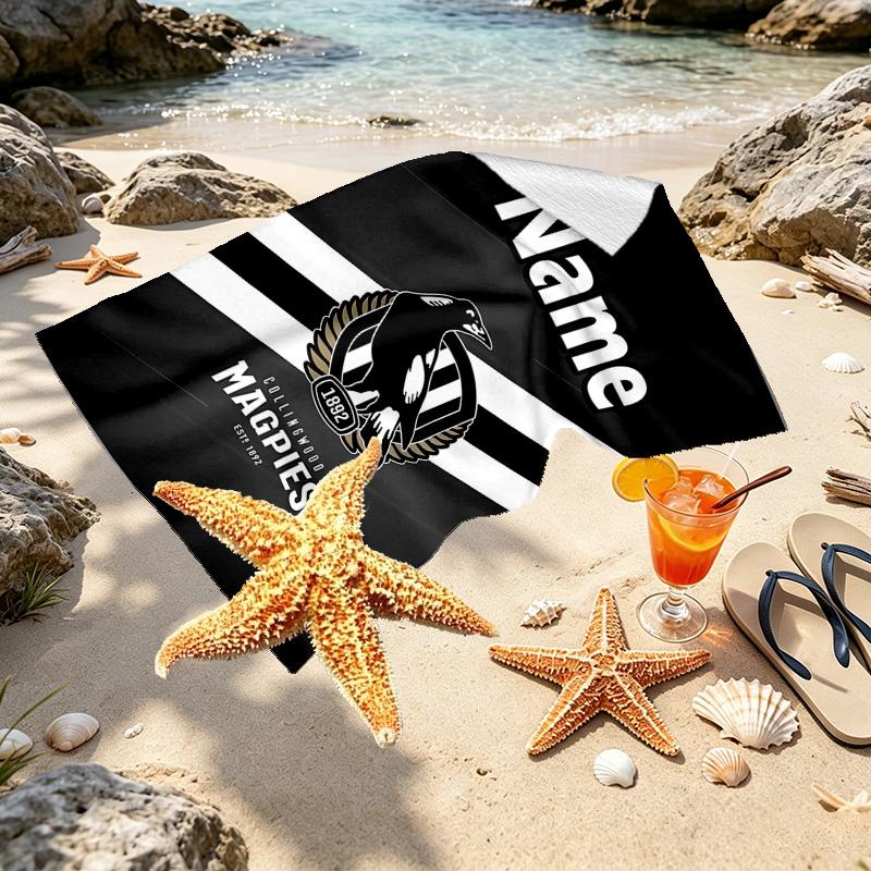 Personalisierbares Strandtuch mit individuellem Namen und Collingwood Magpies Print, für Reise, Camping, Strandparty, Heimdekoration, Geburtstagsgeschenk für Familie & Freunde