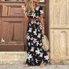Floral Printed Belt V-neck Short Sleeve Women Long Dress Side Split Summer Lady Holiday Robe
