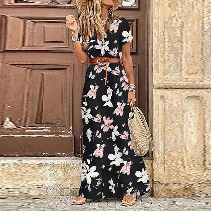 Floral Printed Belt V-neck Short Sleeve Women Long Dress Side Split Summer Lady Holiday Robe