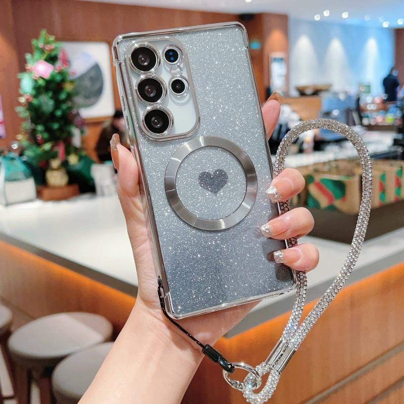 For Samsung Galaxy S25 Ultra Magnetic Case TPU Phone Cover with Strap Heart Gradient Sparkle
