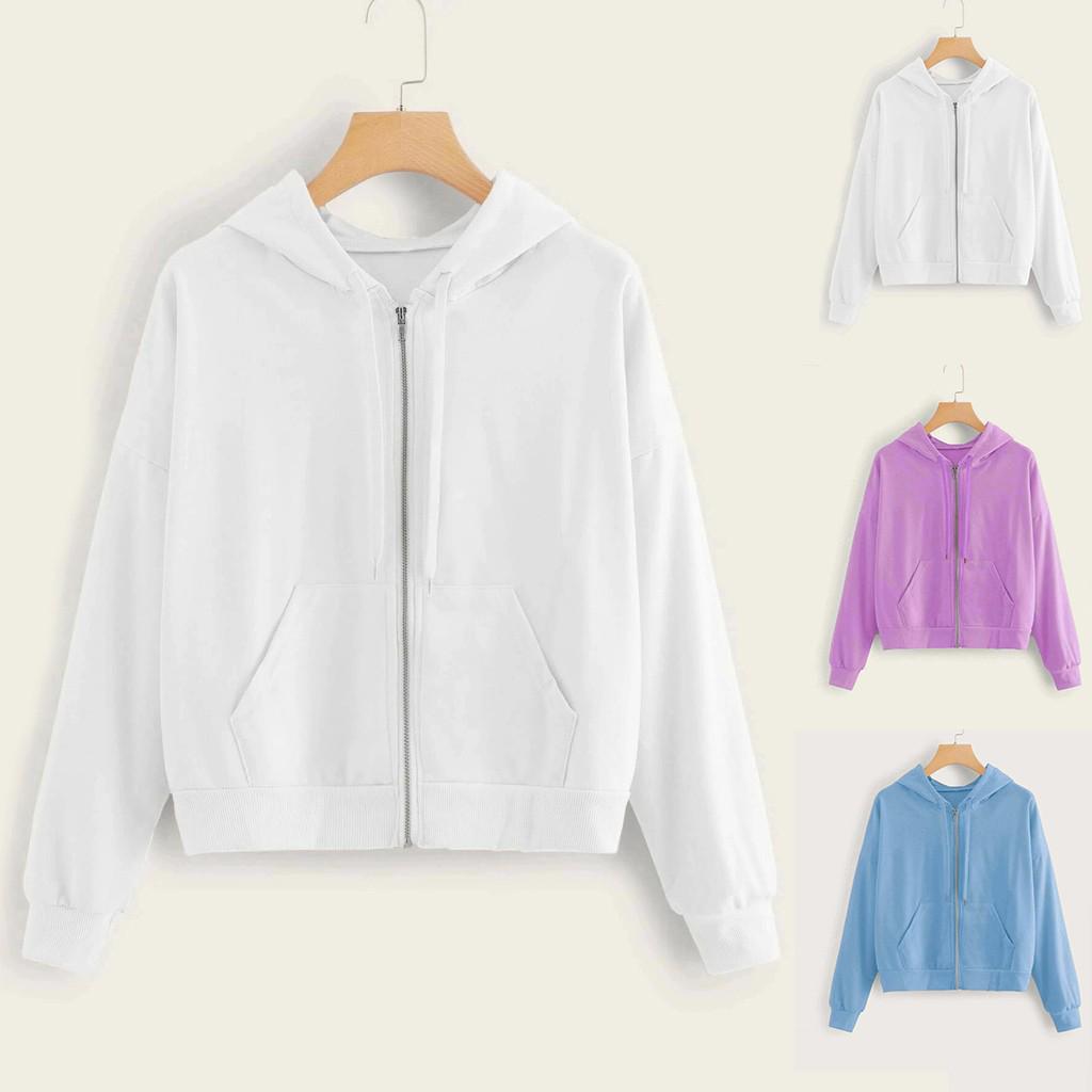 Women Casual Long Sleeve Zipper Pocket Shirt Hooded Sweatshirt Tops