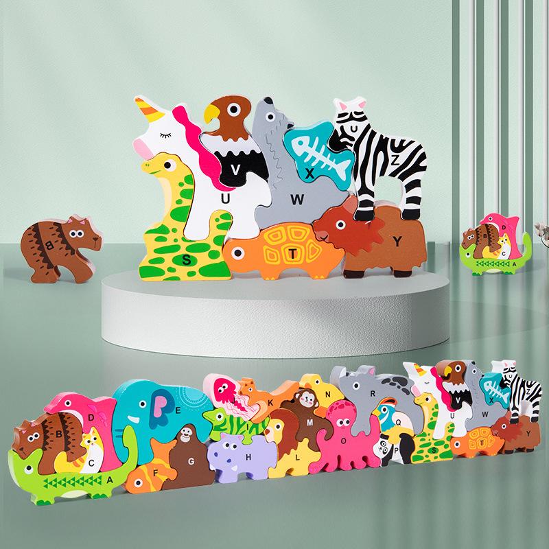 Zvířecí dřevěná skládačka Montessori dětské kreslené 3D puzzle hry Vzdělávací hračky pro děti v raném věku