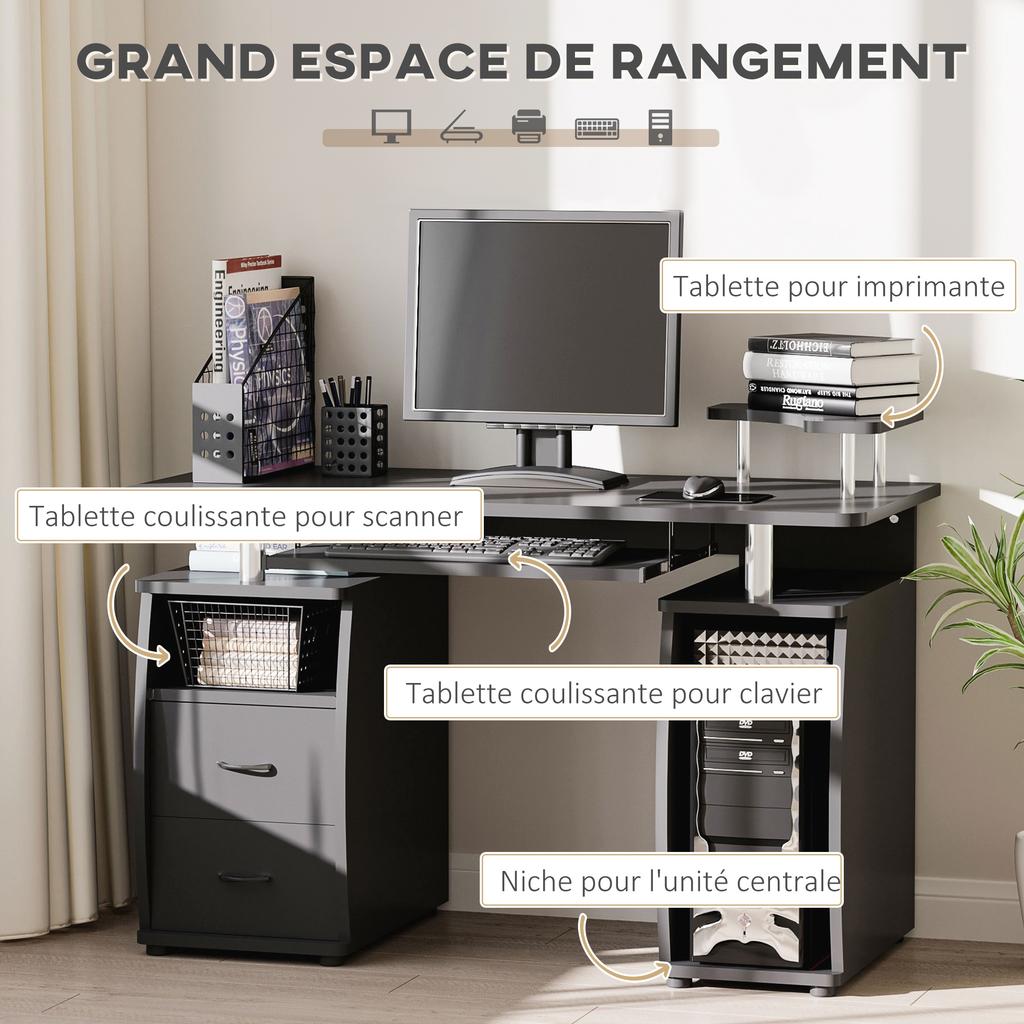 Computer Desk with Shelves, Drawer, Printer Stand, Keyboard Tray, 120 x 50 x 85 cm, Black