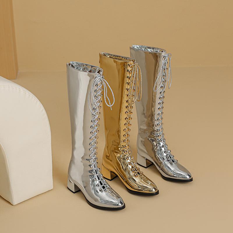 Krazing Pot Microfiber Autumn Winter Shoes Fashion Boots Round Toe Keep Warm Cross-tied Med Heels Thigh High Boots