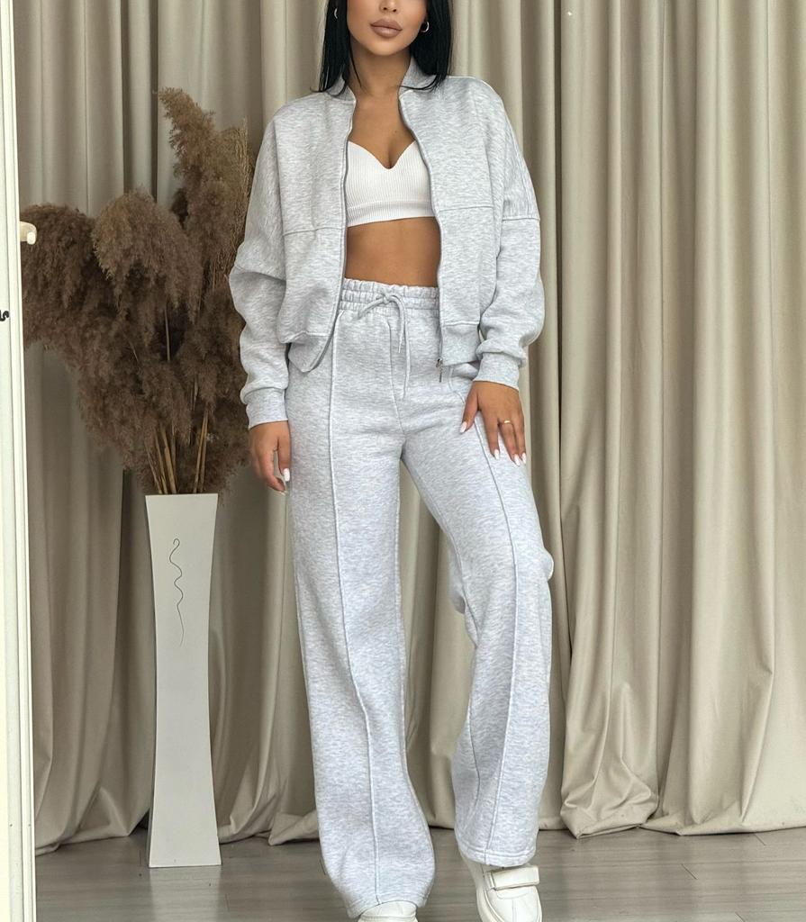 Europe, America, Cross-border, Women's Clothing 2025 New Fashion Casual Suit Solid Color Long-sleeved Sweater Zipper Trousers Two-piece Set