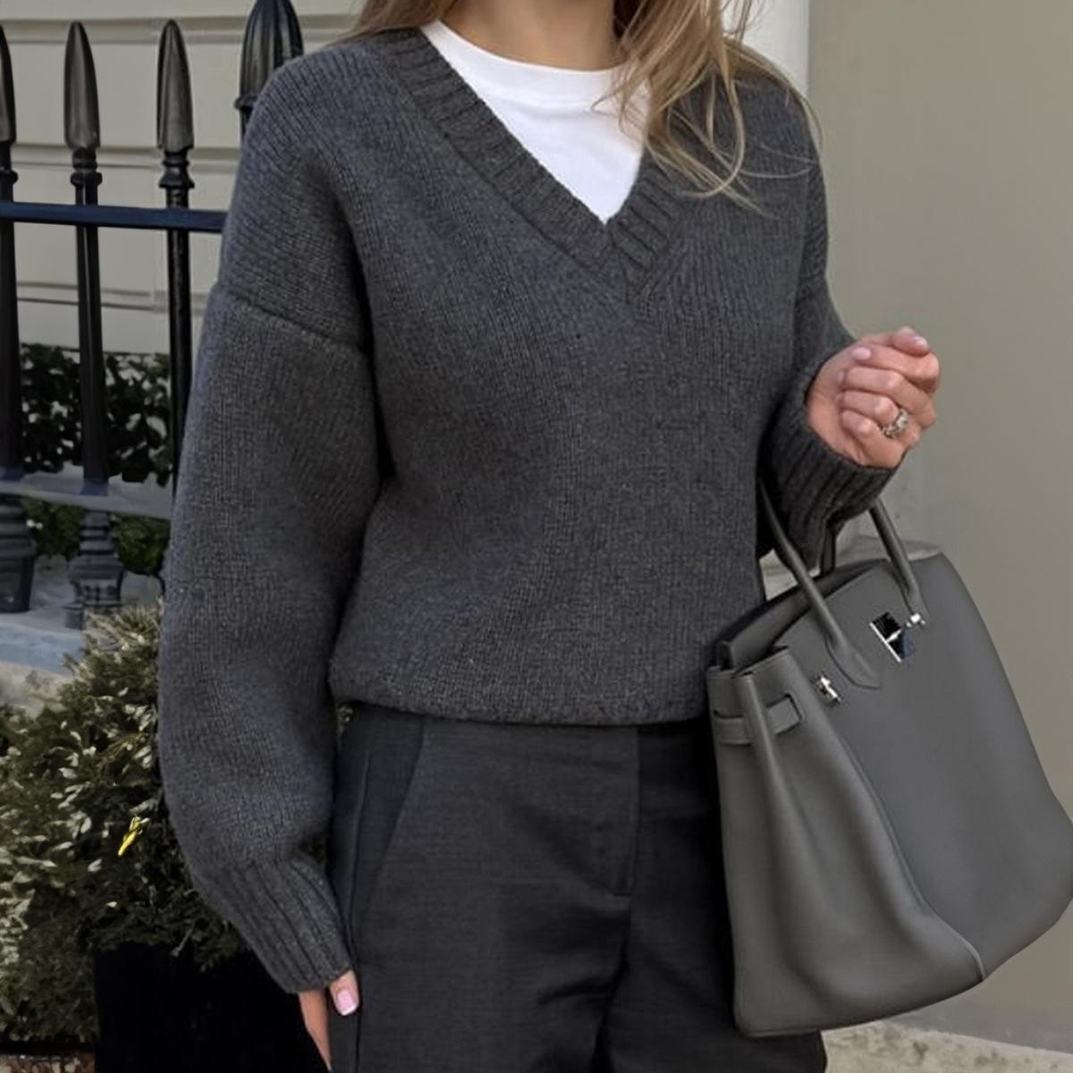 

Casual V-neck Long-sleeved Vest Sweater for Women 2025 Autumn Winter S сірий