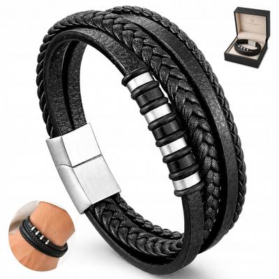Men' Braided Leather Bracelet Black Thick Diamond Italian