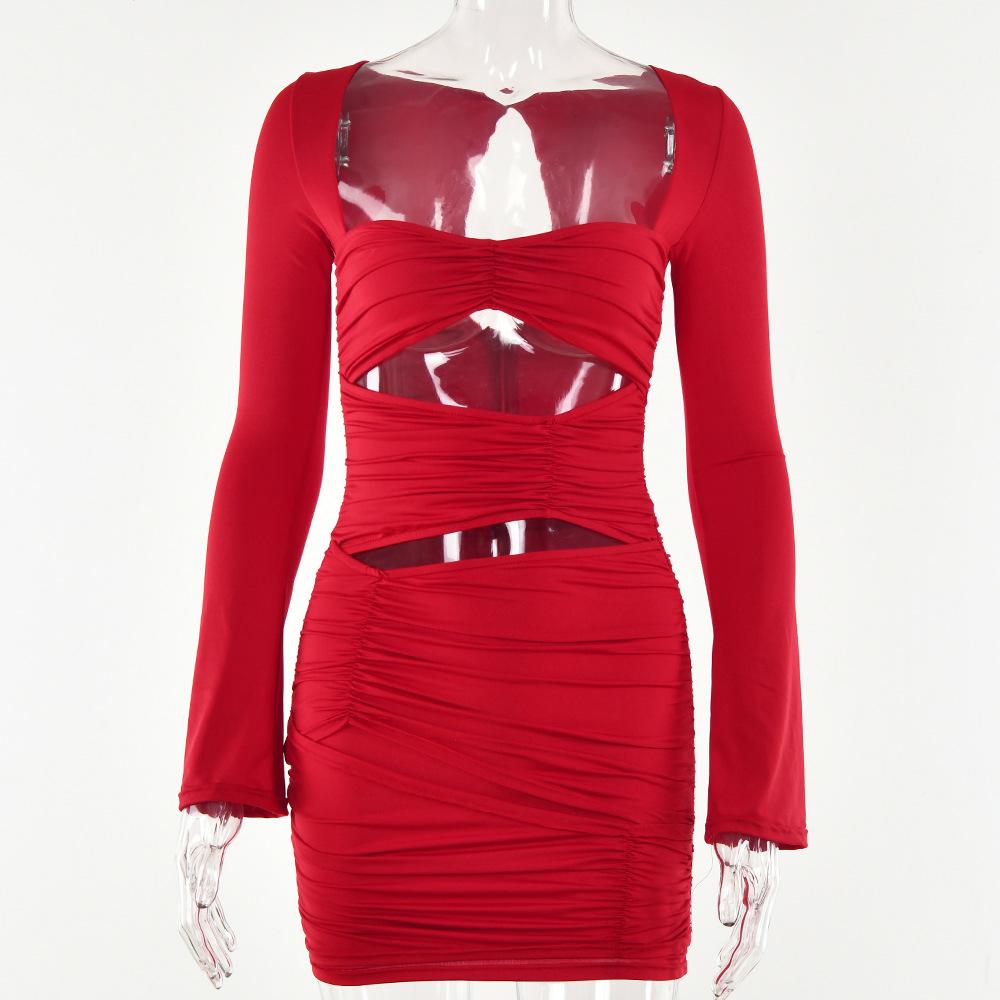 Dámské podzimní elegantní noční klubové společenské šaty s dlouhým rukávem, sexy mini šaty s ruchedem