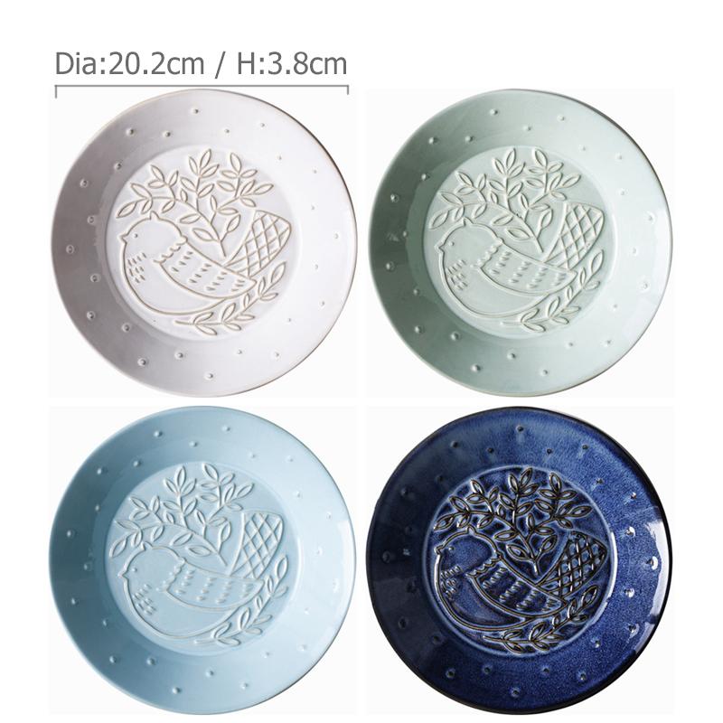 Prato Cerâmico Embossado de 8 Polegadas Prato de Jantar Retrô com Pássaro Prato Redondo para Servir Pratos para Massa Salada Sobremesa Prato de Sopa Seguro para Micro-ondas