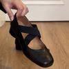 Schafleder~ Mary Jane Einzelne Schuhe Herbst und Winter Retro Kreuzriemen Quadratische Zehenpartie Bequemer dicker Absatz Hoher Absatz Schweinenase Ballerinas