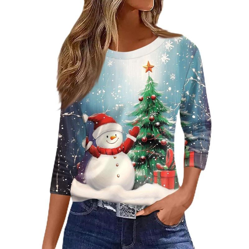 Women's 3D Snowman Printed Christmas Theme Round Neck Long Sleeve T-shirt Casual Comfortable Polyester Christmas Party Pullover