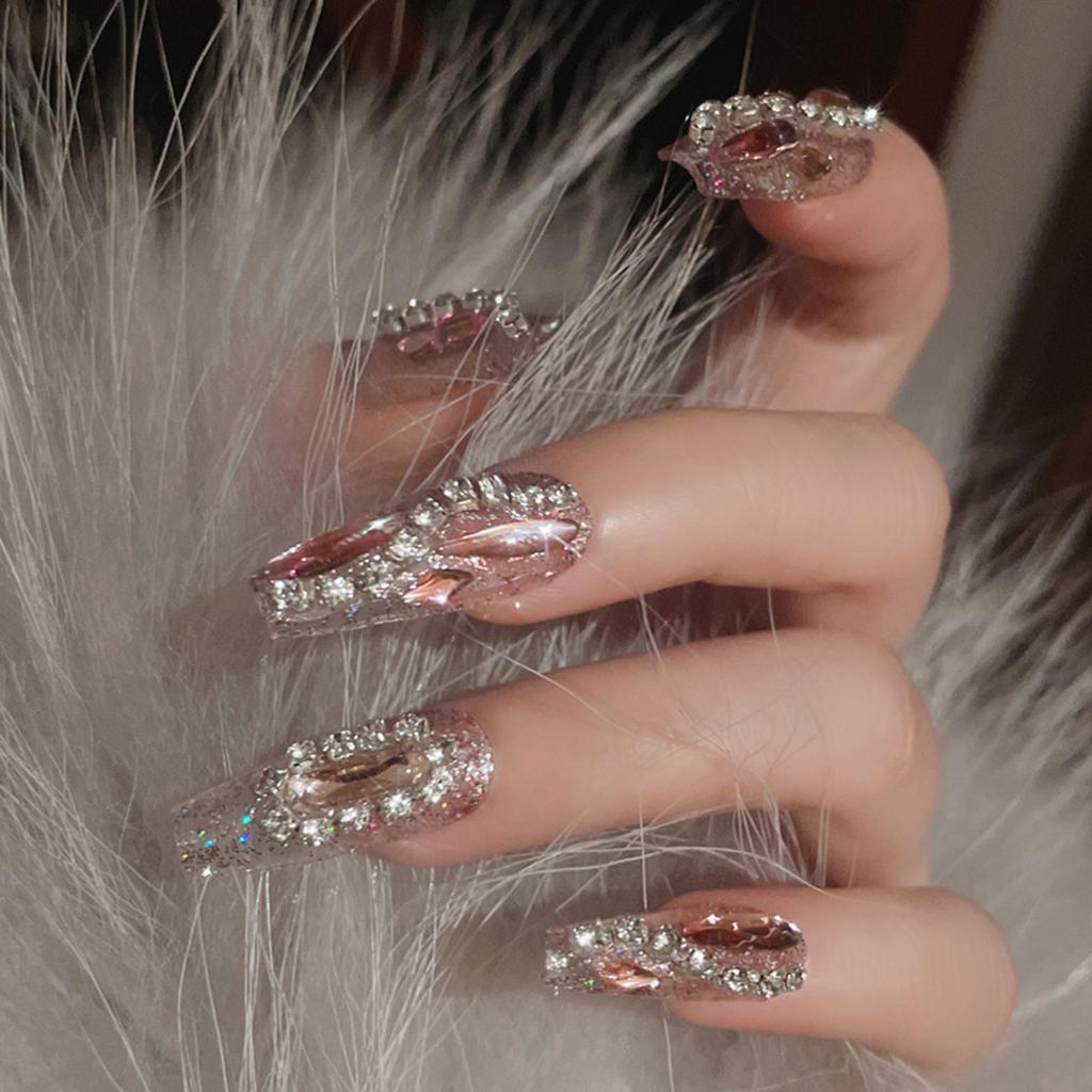 Full Rhinestone Sweet Pink False Nails Ultra-flexible Long Lasting Fake Nails for Shopping Traveling Dating