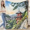 Vintage Japan Kiyomizu Temple Scenery Pattern Flannel Blanket Warm Cozy Printed Throw Blanket for Living Room Bedroom Travel