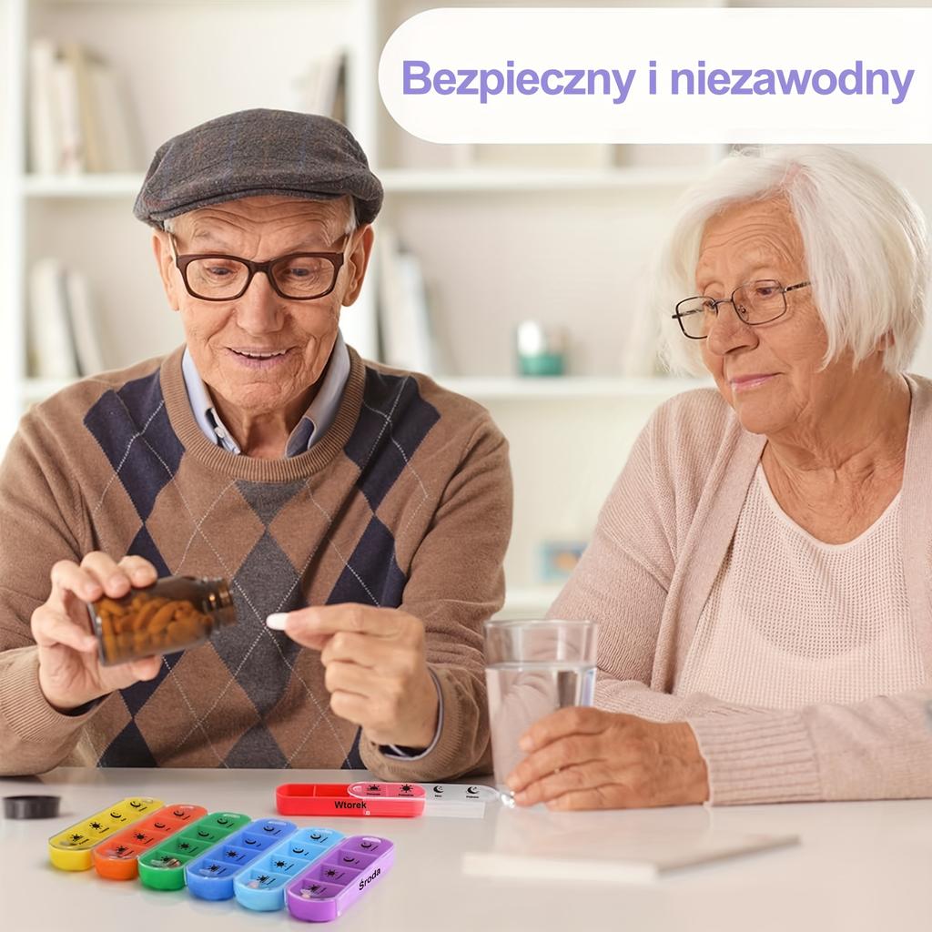 (Polish printing)Weekly Pill Organizer Box Case Travel Medication Reminder Daily AM PM, Day Night 7 Compartments