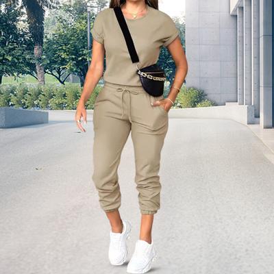 Women's Short Sleeve Tracksuit Set Casual Crew Neck Top And Drawstring
