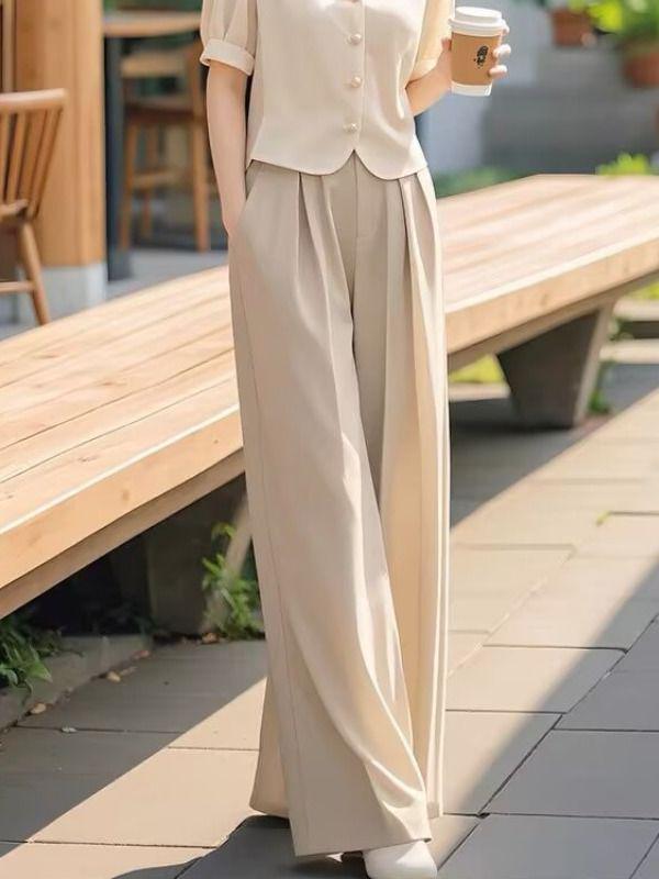 Apricot Top & Wide-Leg Pants Two-Piece Set: Professional, Timeless Summer Outfit for Women