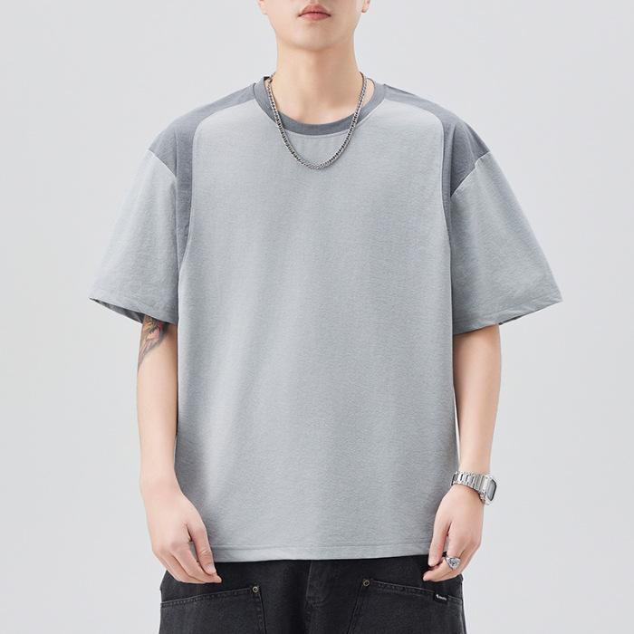 New Summer Color-blocking Short-sleeved T-shirt for Men's Japanese Retro Loose Five-point Sleeve Casual