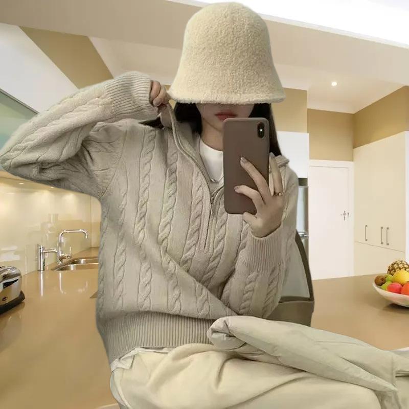 Thickened Retro Autumn and Winter New Knitted Sweater Thick Needle Twist Half Zipper Sweater Women's Coat Women's Trend