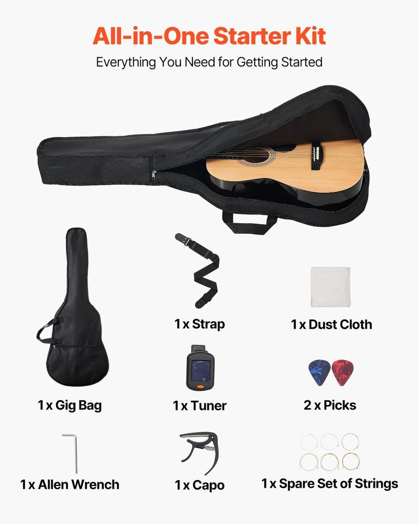 36 In Dreadnought Acoustic Guitar Natural Beginner Bundle Gig Bag for Teen