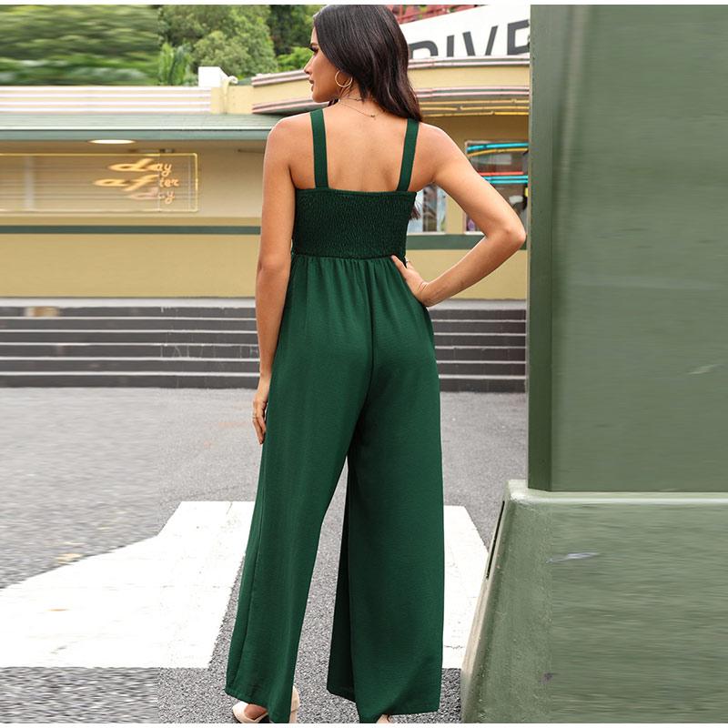 Summer and Autumn Pure Color Women Sexy Suspenders Sleeveless Jumpsuit Wide Leg Pants Office Work Ladies Romper