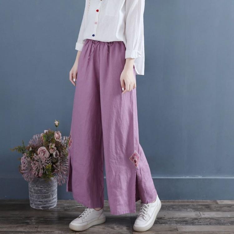 Hose für Damen im chinesischen Stil aus Baumwolle und Leinen, Hose mit weitem Bein, Sommer, Retro, bestickt, locker, weites Bein