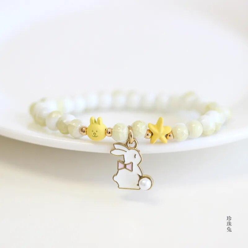 Pearl Rabbit Ing Bottle Beaded Elastic Bracelets Catoon Animal Ceramics Beads Bracelet for Women Jewelry Birthday Gifts