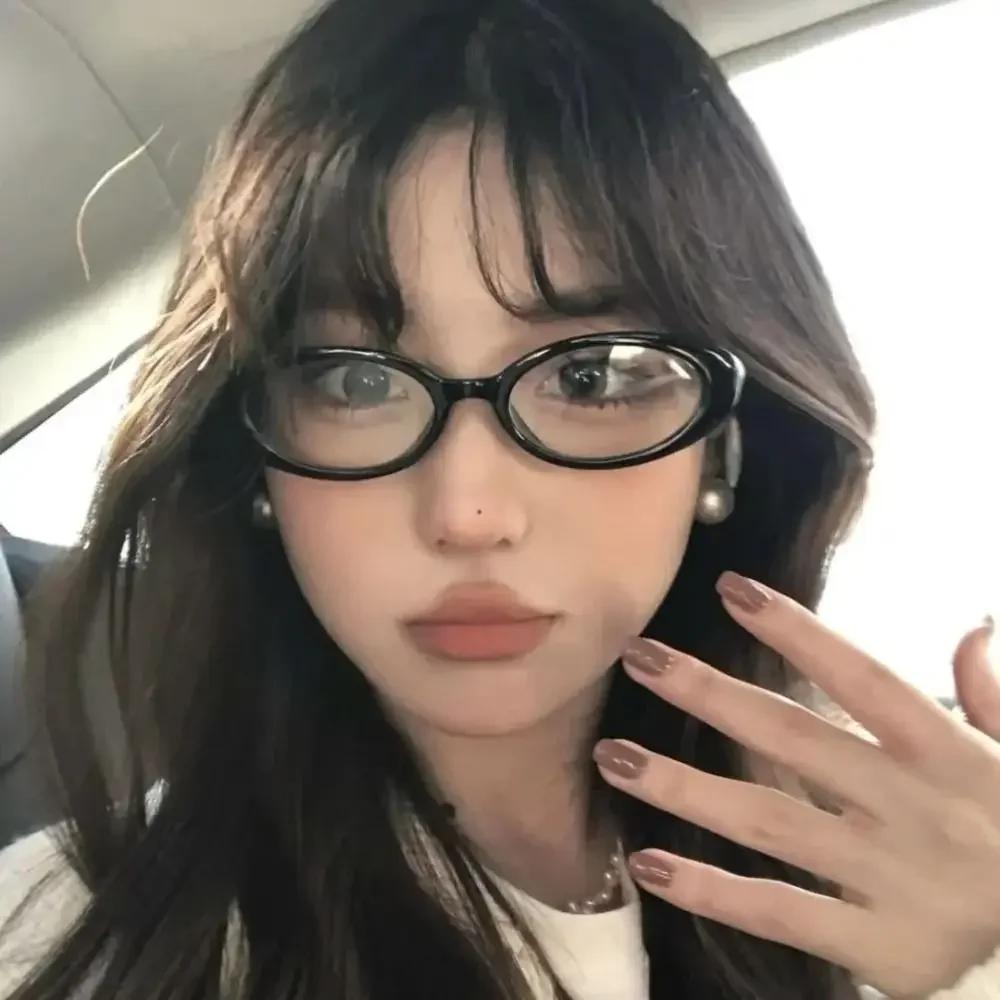 New Y2K Oval Frame Anti-Blue Light Glasses Girls Fashion Retro Cat Eye Narrow Spectacles Small Plain Computer Reading Goggles