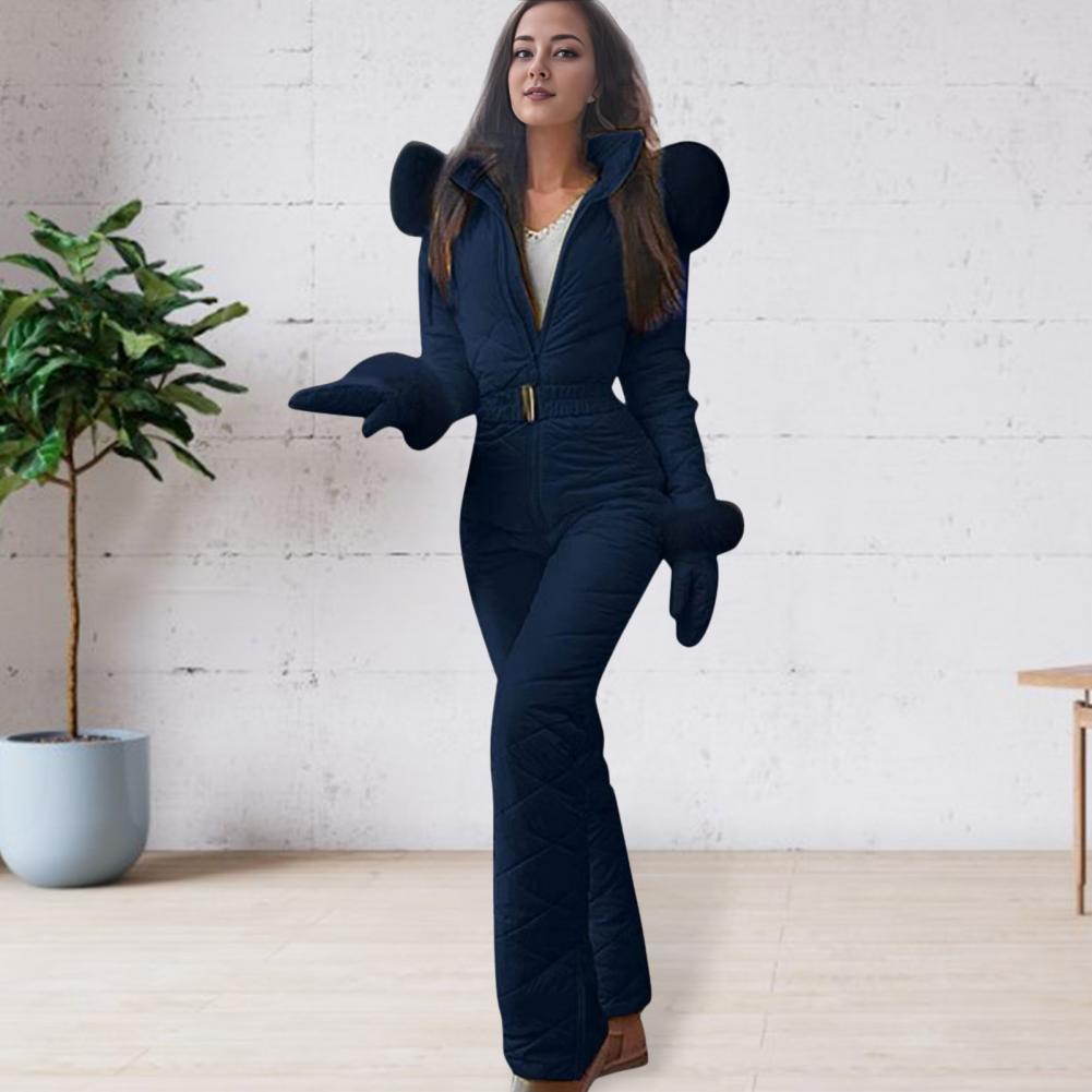 Ski Jacket Ski Jumpsuit Winter Women's Snowsuit with Gloves Hood Windproof Ski Outfit with Elastic Waist Zipper for Outdoor