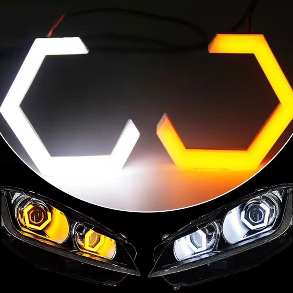"Angel Eyes" Car Motorcycle Headlights Personalized RGB Hexagon Double Lens LED Steering Decorative Light Accesorios Para A V5A3