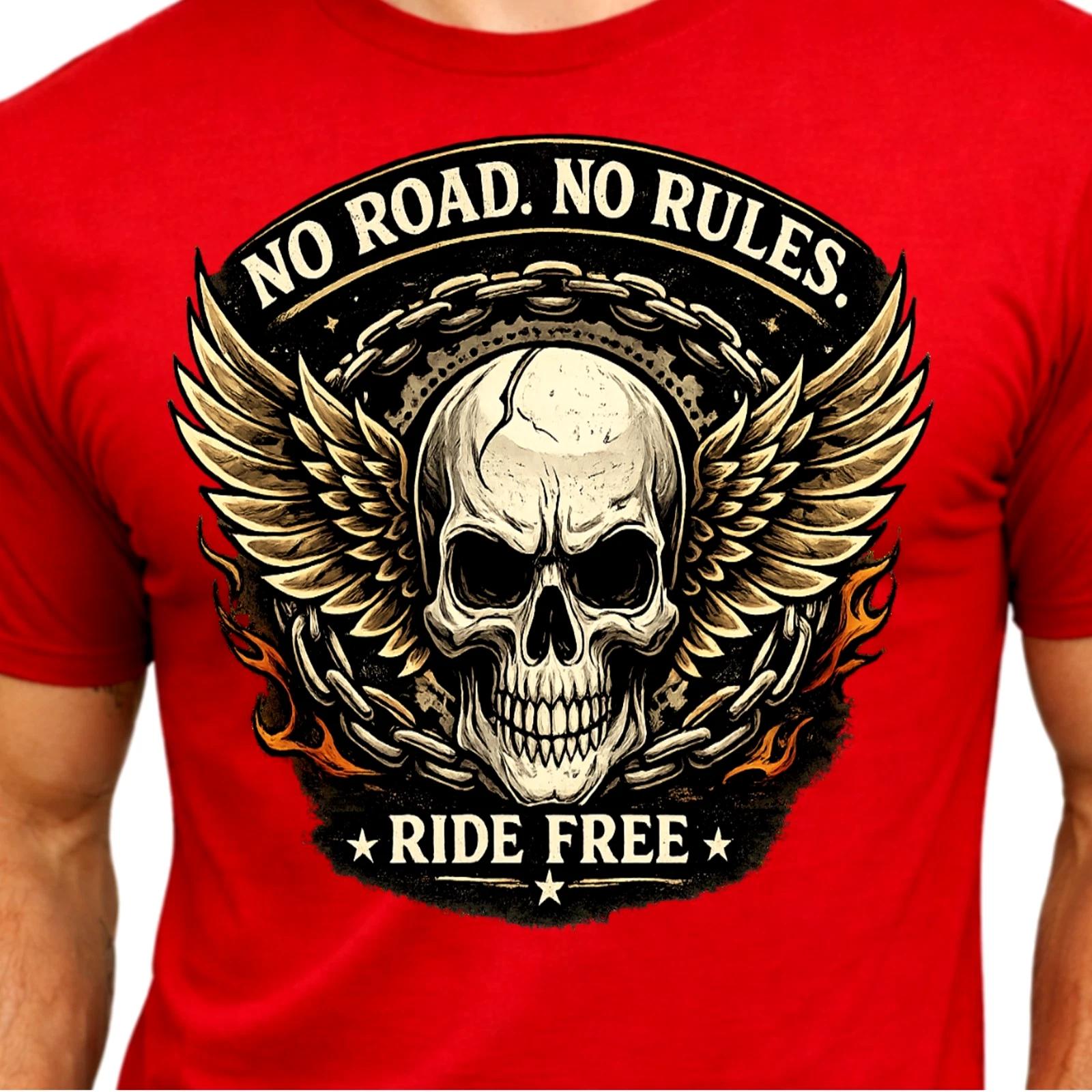 Winged Skull Biker T-Shirt Motorcycle Chains Flames Gothic Rebel Graphic Tee L