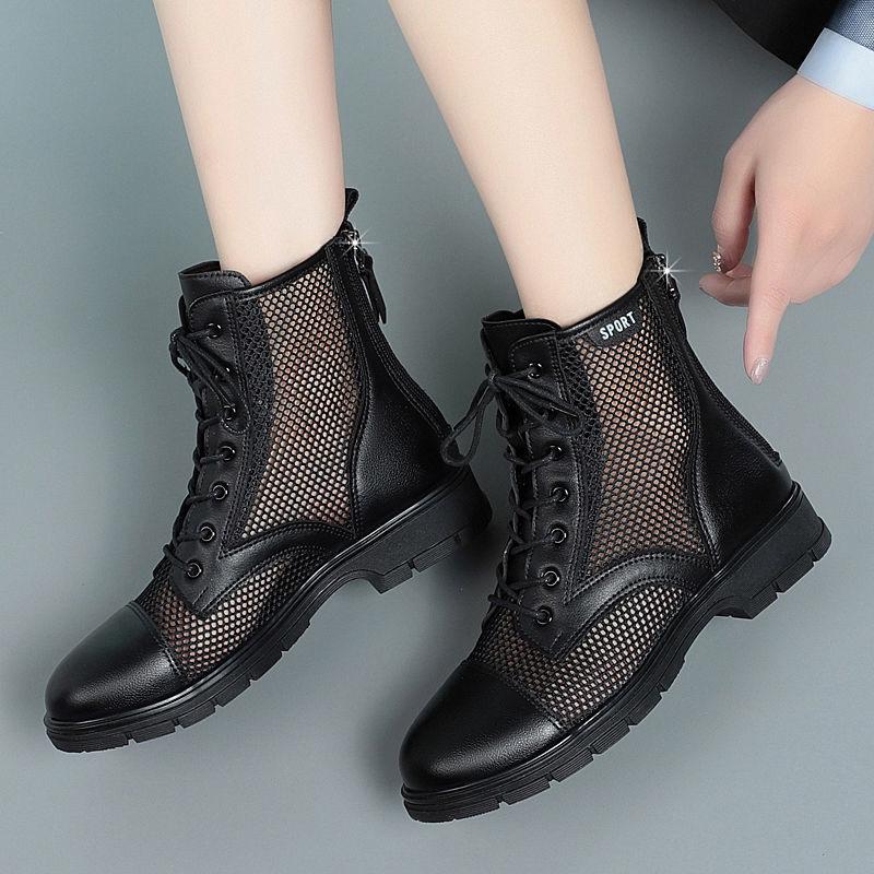 Summer Lightweight Ankle Boots, Solid Color, Versatile, British Style, Flat Heel, Openwork Mesh Boots, Women's Breathable Mesh Sandals