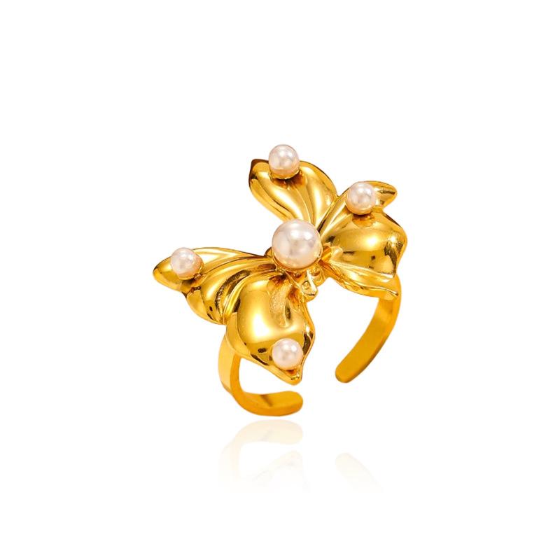 New Bow Open Ring Women's European and American Light Luxury High-end Titanium Steel Ring Gold Stainless Steel Jewelry