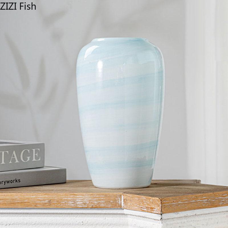 Gradient Blue Ceramic Vase Hydroponics Potted Plant Table Decoration Flowers Arrangement Floral Vases Room Aesthetic Decor