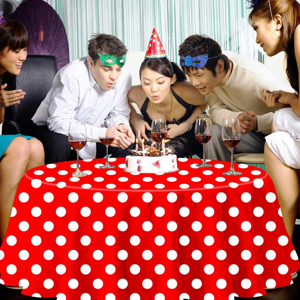 3 Pack Red and White Polka Dots Tablecloth Red Round Table Cover with White Polka Dot Round Plastic Table Cloth 84 in Round for Kitchen Dining
