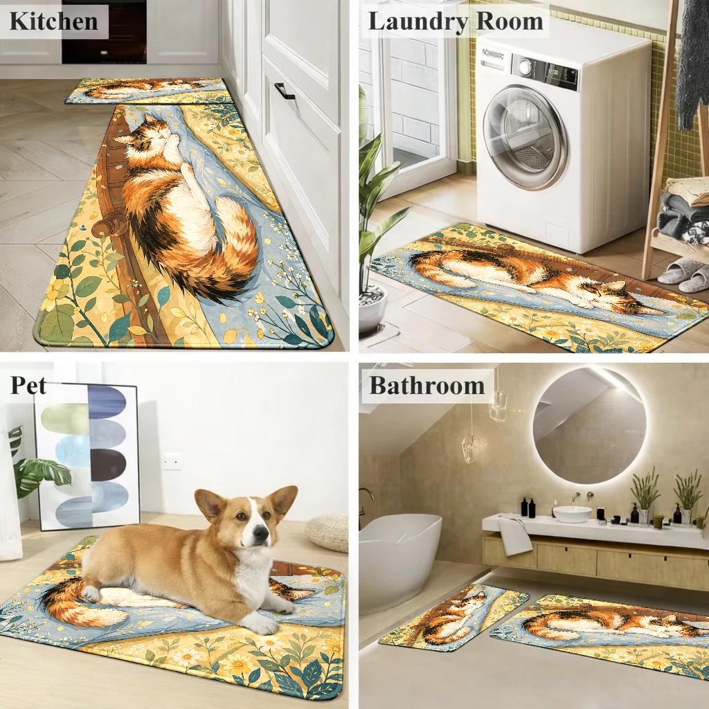 1Pcs Anti Fatigue Kitchen Rugs, Cute Calico Cat Print Waterproof Non-Slip Thick Cushioned Kitchen Mat Heavy Duty Comfort Standing Mat for Kitchen